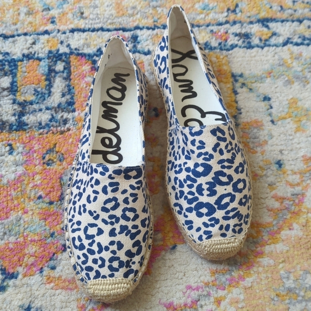 Sam Edelman Verona Leopard Print Canvas Slip On Espadrille Flats Cream Navy 8.5
